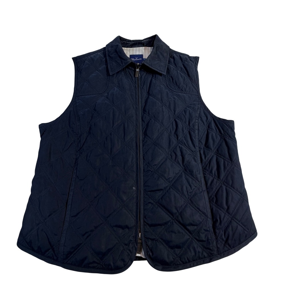 Faconnable Quilted Vest Womens L Navy Full Zip Pinstripe Lining